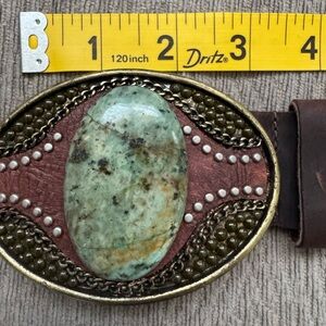 vintage LEATHEROCK brown belt with a large belt buckle with a green oval stone.
